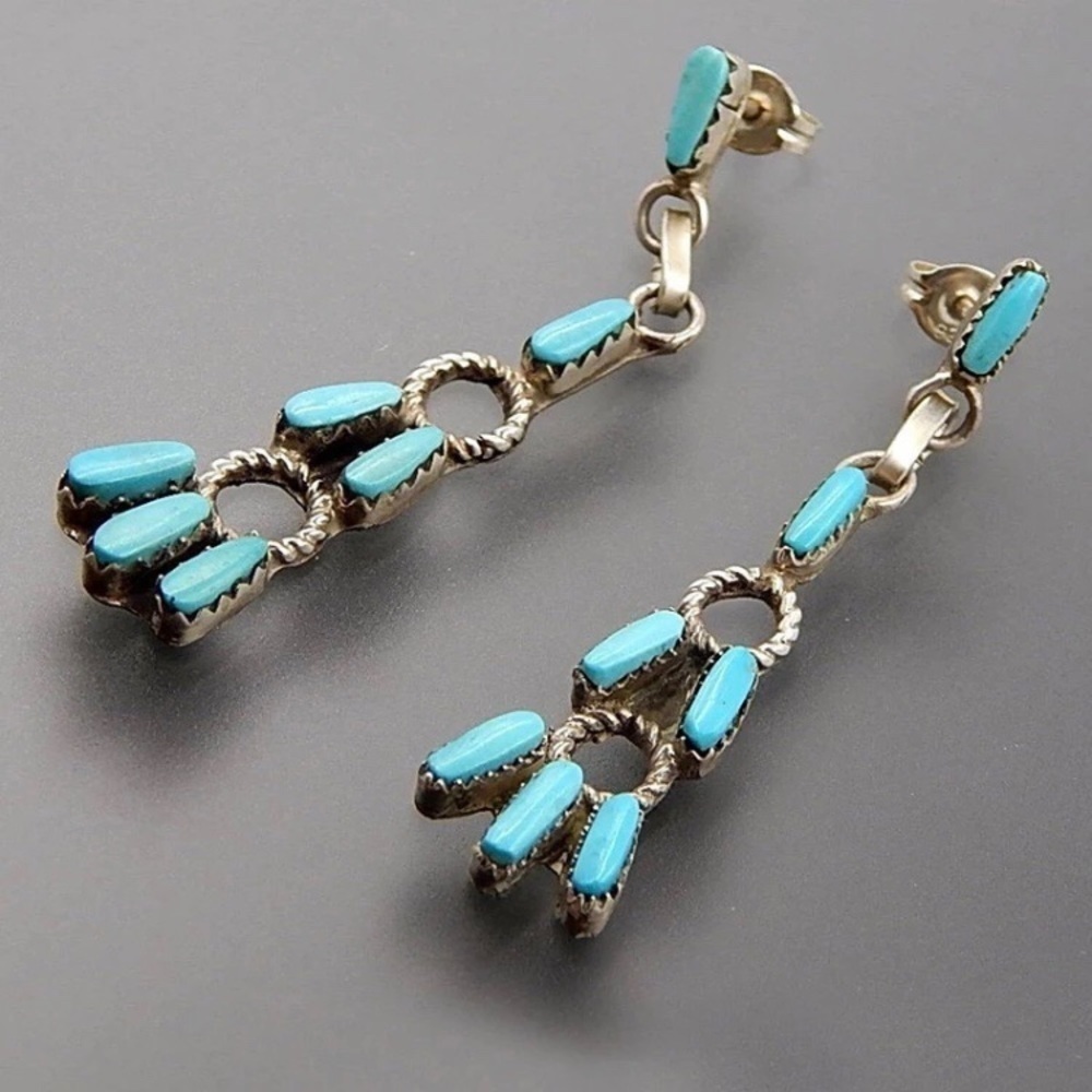 SOLD Boho String Blue & Silver Tone Beaded Stud Earrings - Picture 3 of 7